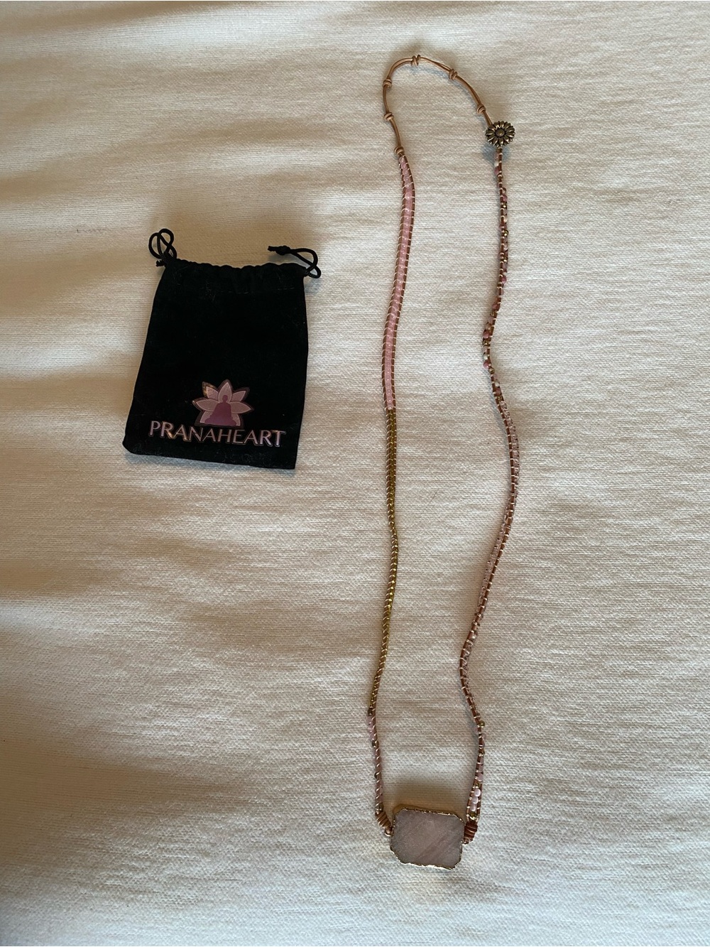 Prana Heart Pink Stone Pendant Necklace with Gold Accents Yogi Necklace